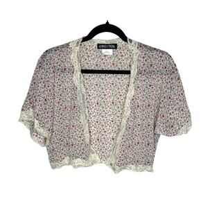 Living Doll Small Floral Rose Print Cardigan Lace Trim Boho Romantic Shrug Cream